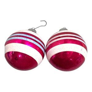 Vintage Shiny Brite Pink & White Striped Glass Christmas Ornaments Set Of 2 Lot